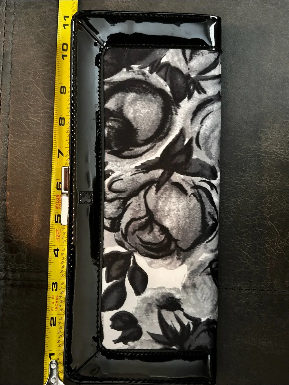 NWT Liz Claiborne Black & Gray White floral Patent satin Clutch with silver trim